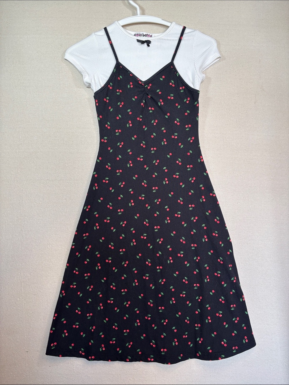 Black Cherry-Print Slip Dress with White Tee